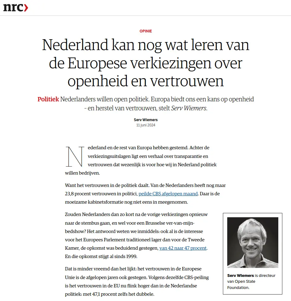Opinieartikel van Open State directeur Serv Wiemers in het NRC
